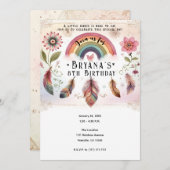 水彩虹色の鳥と羽のボヘミアンバースデー 招待状 (正面/裏面)