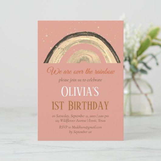 水彩虹色ガーリー ファーストバースデー ボヘミア 招待状 (スタンド正面)