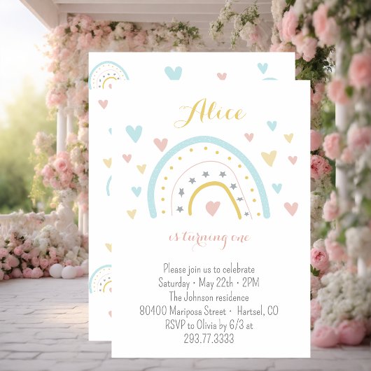 水彩虹色ハートピンクブルー1歳誕生日 招待状