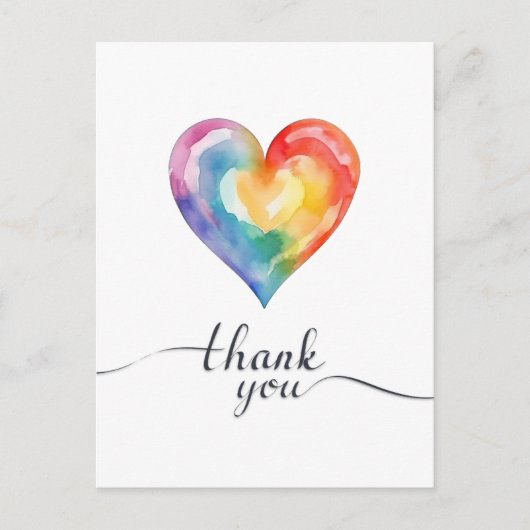 水彩虹色ハート感謝カード ポストカード (正面)