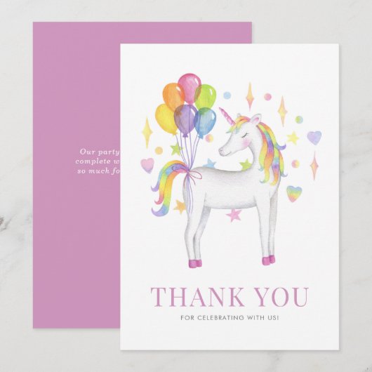 水彩虹色ユニコーン子供の誕生日 サンキューカード (正面/裏面)