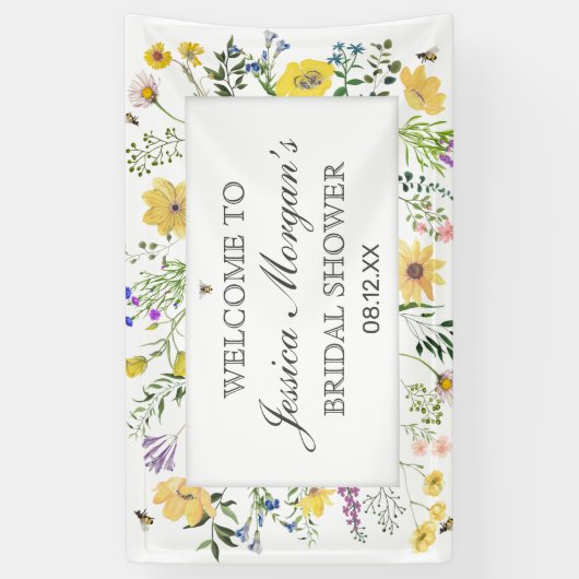 水彩蜂と繊細な野の花のベイビーシャワー 横断幕 (縦)