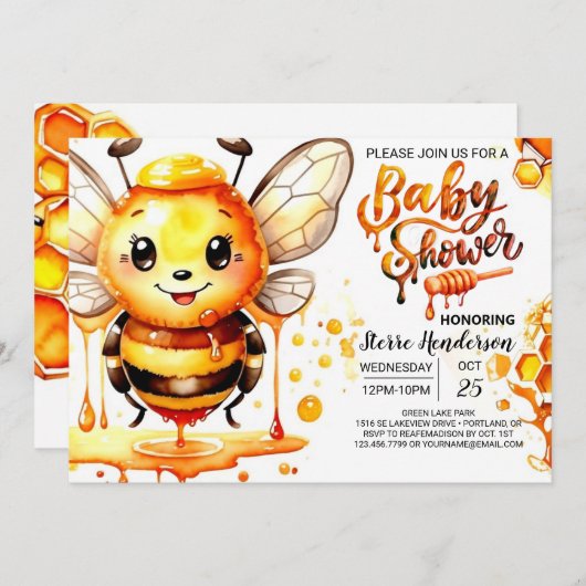 水彩蜂の巣赤ちゃんシャワー 招待状 (正面/裏面)