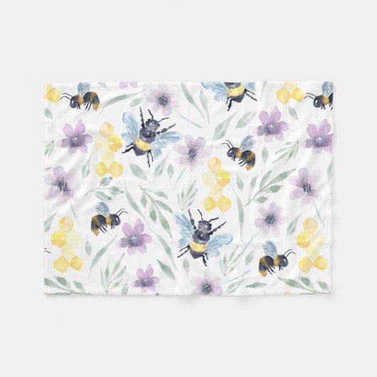 水彩蜂の模様 フリースブランケット (正面(横))