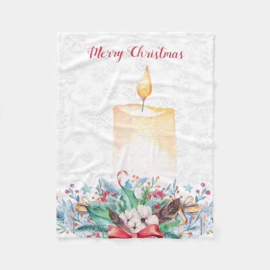 水彩蝋燭とクリスマス装飾 フリースブランケット (正面)