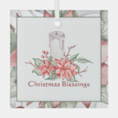 水彩蝋燭とポインセチアカスタムクリスマス ガラスオーナメント (正面)