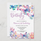 水彩蝶々ベビーガールの1歳誕生日 招待状 (正面)