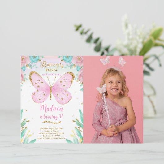 水彩蝶々誕生日写真招待状 招待状 (スタンド正面)