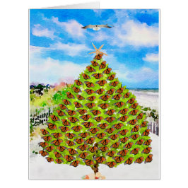 水彩蝶とクリスマスツリーのビーチ