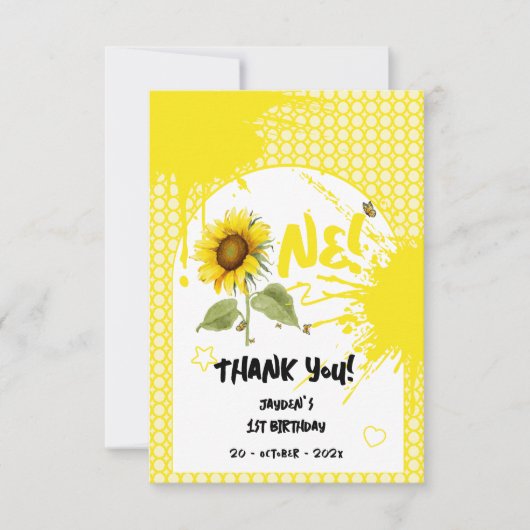 水彩蝶とヒマワリ1日の誕生日 サンキューカード (正面)