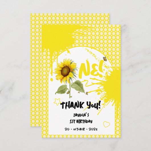 水彩蝶とヒマワリ1日の誕生日 サンキューカード (正面/裏面)