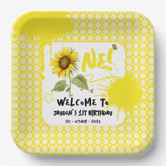 水彩蝶とヒマワリ1日の誕生日 ペーパープレート (正面)