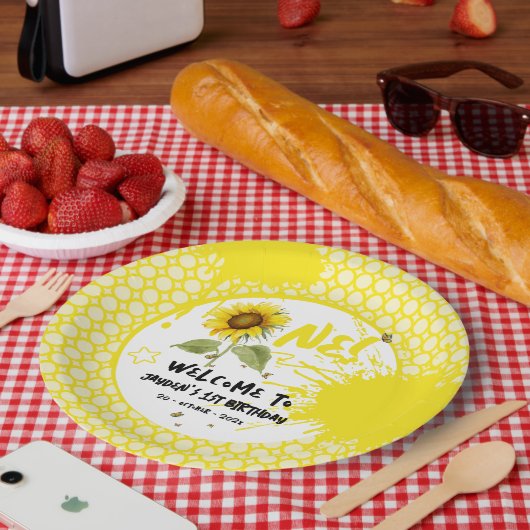 水彩蝶とヒマワリ1日の誕生日 ペーパープレート (ピクニック)