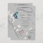 水彩蝶とフラワージオメトリック結婚ス セーブザデート (正面/裏面)