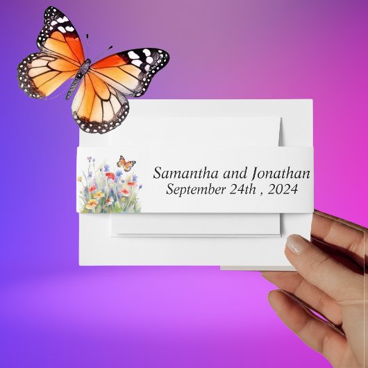 水彩蝶とワイルドフラワーベリーバンド 招待状ベリーバンド