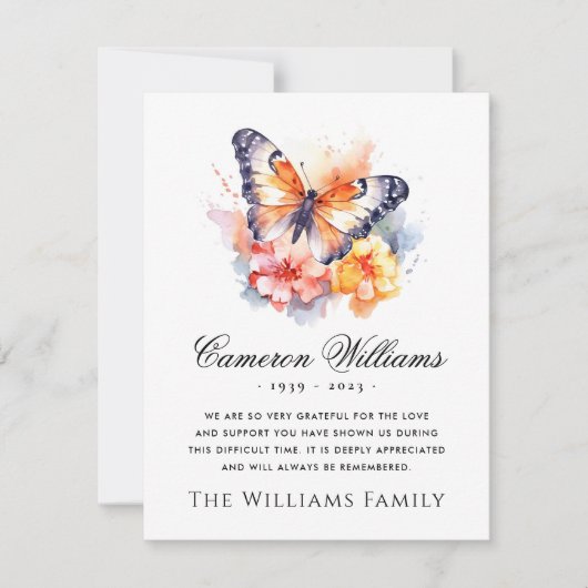 水彩蝶と花の葬儀悔やみや弔慰 サンキューカード (正面)