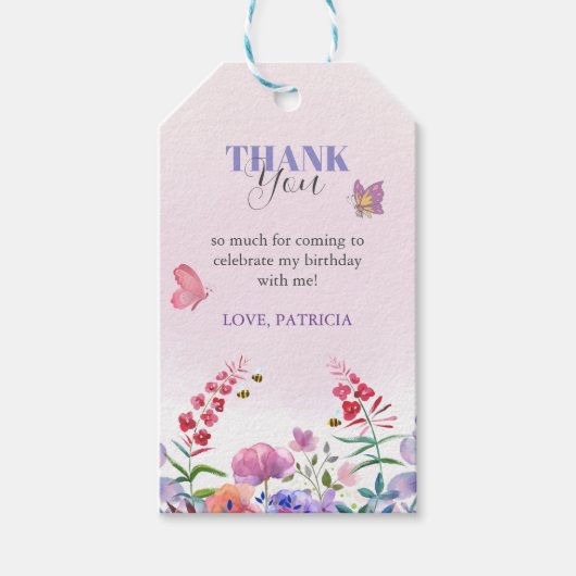 水彩蝶と蜂の紫の野生花の贈り物 ギフトタグ (正面)