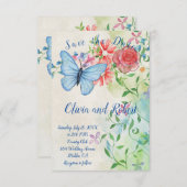 水彩蝶と赤ローズフラットカード (正面/裏面)