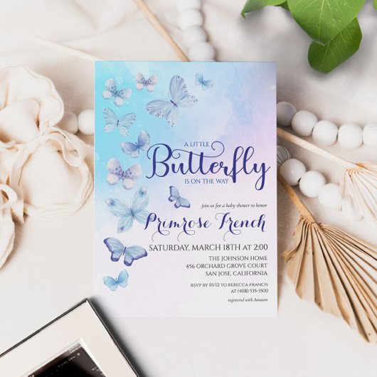 水彩蝶のスクリプトエレガントベビーシャワー 招待状