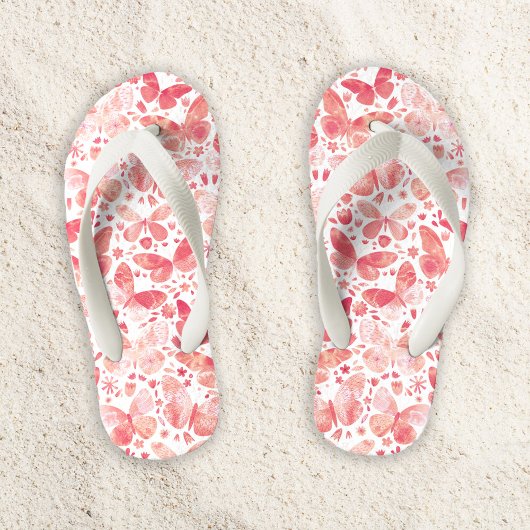 水彩蝶の模様コーラルピンク キッズビーチサンダル