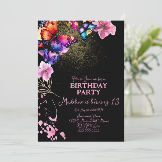 水彩蝶の花模様ブラック誕生日 招待状 (スタンド正面)
