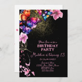 水彩蝶の花模様ブラック誕生日 招待状 (正面/裏面)