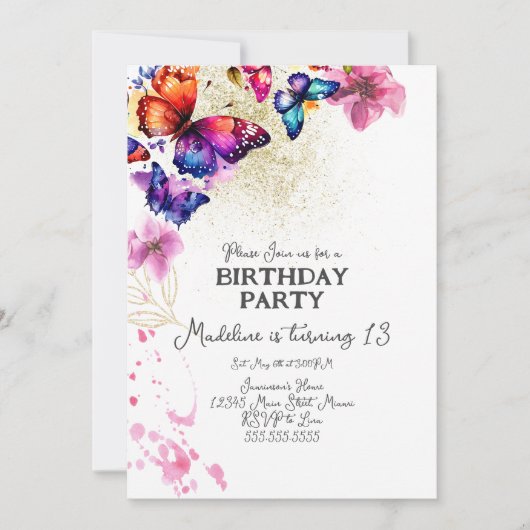 水彩蝶の花模様金ゴールド誕生日 招待状 (正面)