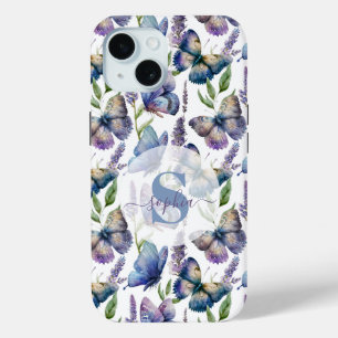 水彩蝶の藤の花モノグラムの iPhone 15ケース