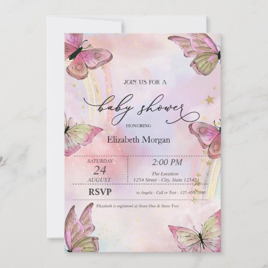 水彩蝶の虹の赤ちゃんシャワー 招待状 (正面)