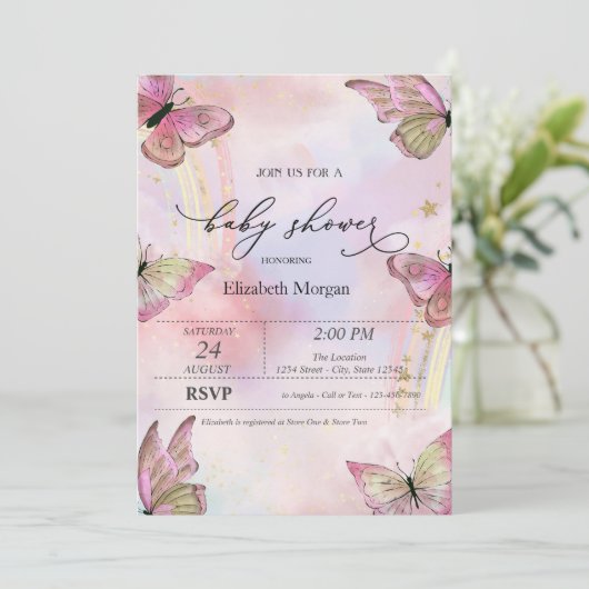 水彩蝶の虹の赤ちゃんシャワー 招待状 (スタンド正面)