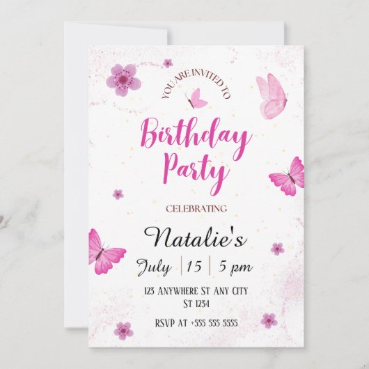 水彩蝶の誕生日パーティーの招待 招待状 (正面)