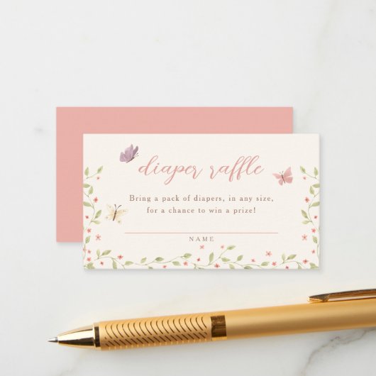 水彩蝶の赤ちゃんシャワーおむつラッフル エンクロージャーカード (正面/裏面インサイチュ)