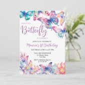 水彩蝶の赤ちゃん女の子の最初の誕生日 招待状 (スタンド正面)
