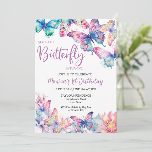 水彩蝶の赤ちゃん女の子の最初の誕生日 招待状 (スタンド正面)