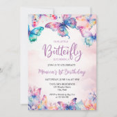 水彩蝶の赤ちゃん女の子の最初の誕生日 招待状 (正面)