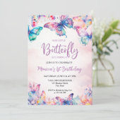 水彩蝶の赤ちゃん女の子の最初の誕生日 招待状 (スタンド正面)