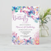 水彩蝶の赤ちゃん女の子の最初の誕生日 招待状 (スタンド正面)