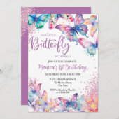水彩蝶の赤ちゃん女の子の最初の誕生日 招待状 (正面/裏面)