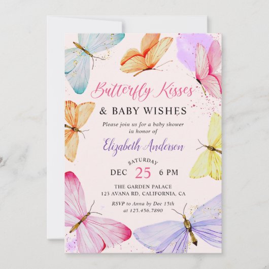 水彩蝶の赤ちゃん女の子の赤ちゃんシャワー 招待状 (正面)