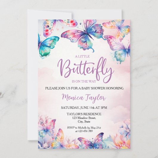 水彩蝶の赤ちゃん女の子シャワー 招待状 (正面)