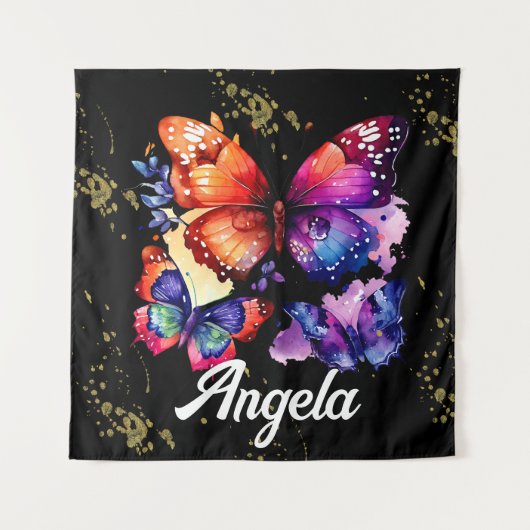 水彩蝶カラフル金ゴールド名 タペストリー (正面)