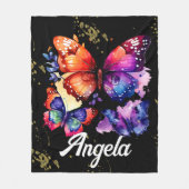 水彩蝶カラフル金ゴールド名 フリースブランケット (正面)