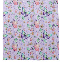 水彩蝶シームレスパターンパープル シャワーカーテン