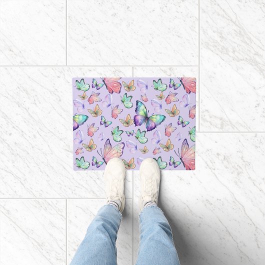 水彩蝶シームレスパターンパープル ドアマット (室内)