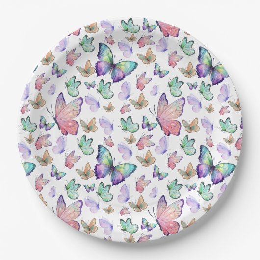 水彩蝶シームレスパターン ペーパープレート (正面)