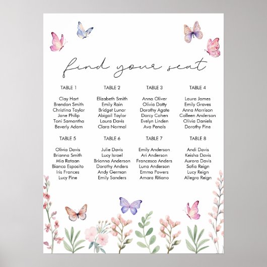 水彩蝶ブライダルシャワー座席表 ポスター (正面)