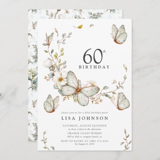 水彩蝶素朴蝶60th誕生日パーティー 招待状 (正面/裏面)