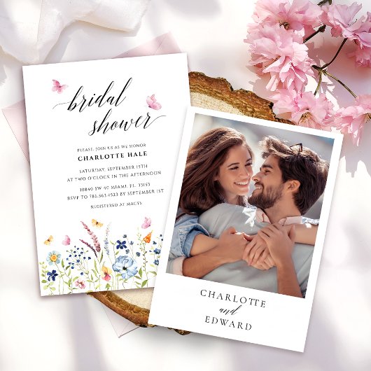 水彩蝶赤面ピンクブライダルシャワー 招待状