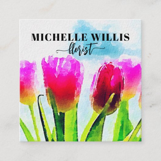 水彩表現者ピンクチューリップフローリスト スクエア名刺 (正面)