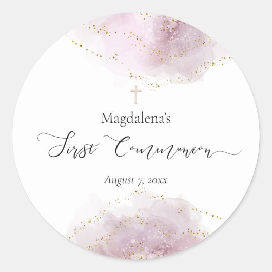 水彩装飾ファースト・コミュニオンガール ラウンドシール (正面)